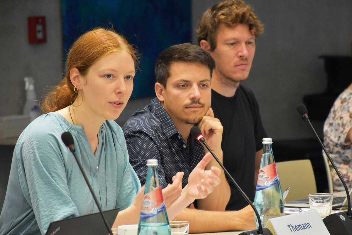 Wissenschaftler*innen Dörte Themann, Lucas Schwarz, Albert Denk - FU Berlin (77. NBG-Sitzung, 12.9.2023/Berlin-Online) (Quelle: Aygül Cizmecioglu) Wissenschaftler*innen Dörte Themann, Lucas Schwarz, Albert Denk - FU Berlin (77. NBG-Sitzung, 12.9.2023/Berlin-Online)